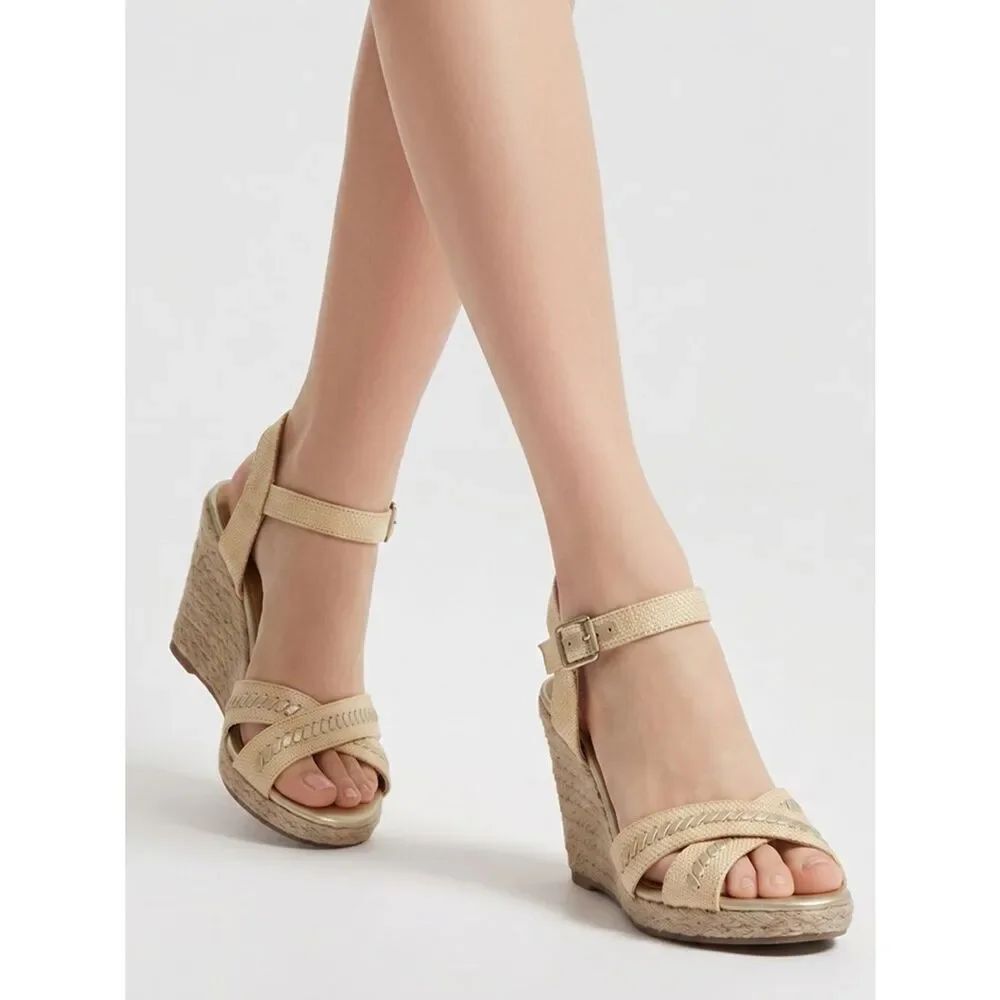 JACK ROGERS | Tan & Gold Wedge Espadrille Sandals Women’s Size 6